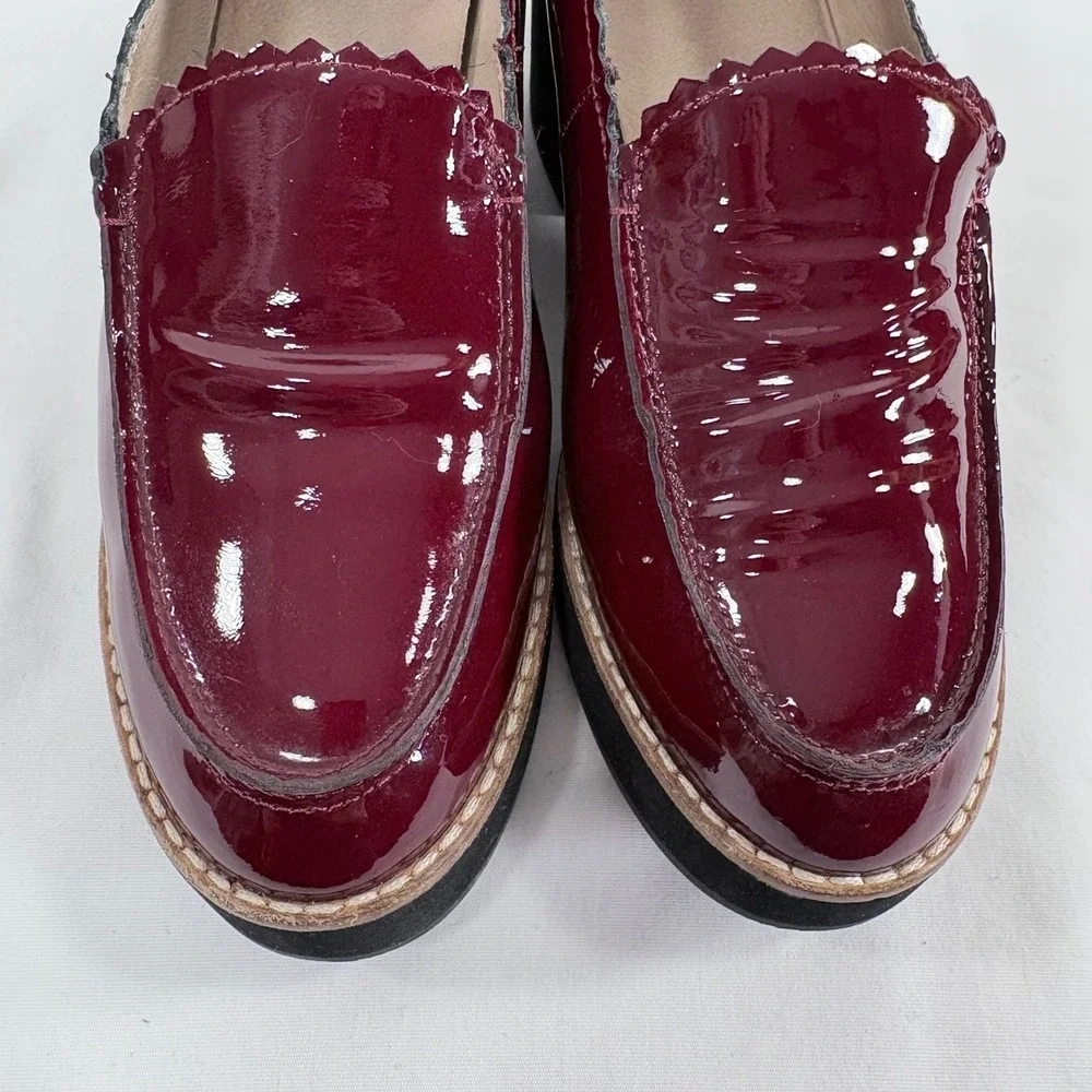 Eileen Fisher Patent Leather Platform Loafers Burgundy‎ Scalloped Heel Shoes